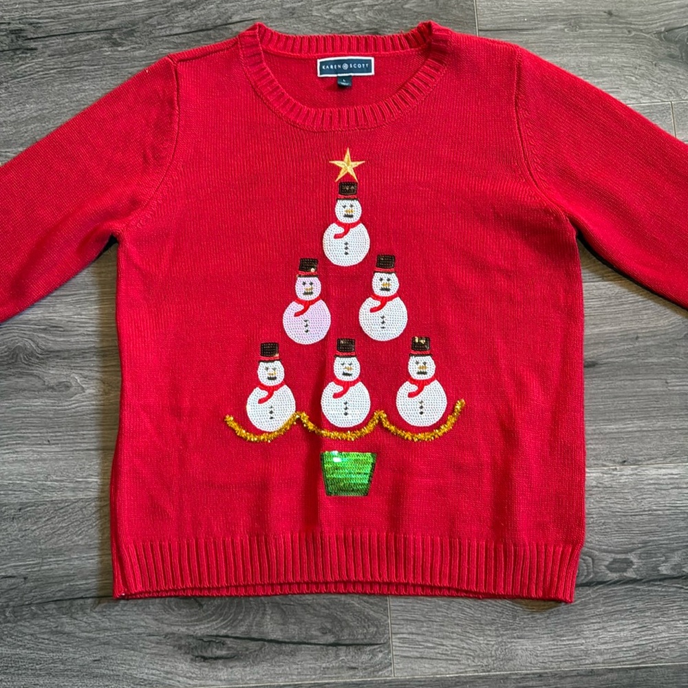 Karen Scott super cute red snowmen Christmas tree sweater Holiday attire
